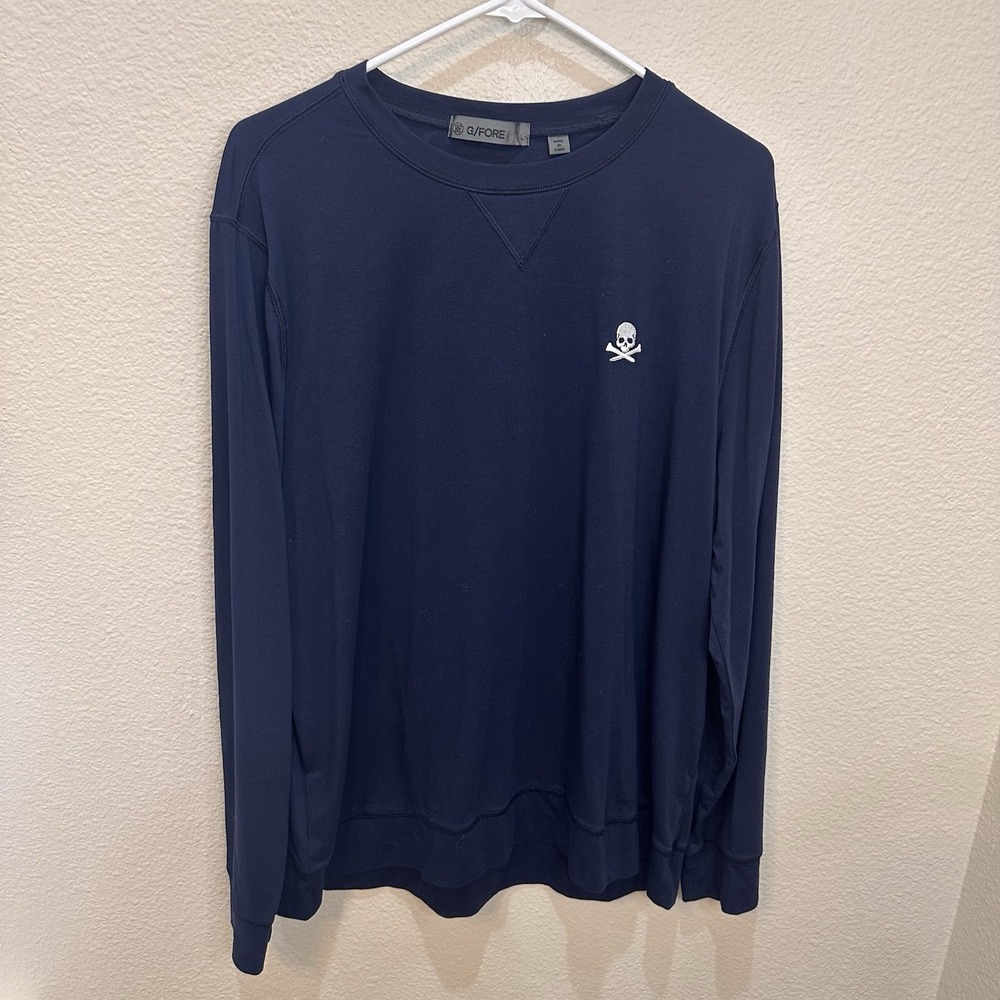 G/FORE Mens Performance Pique Crewneck Mid Layer L Navy Skull Logo Golf